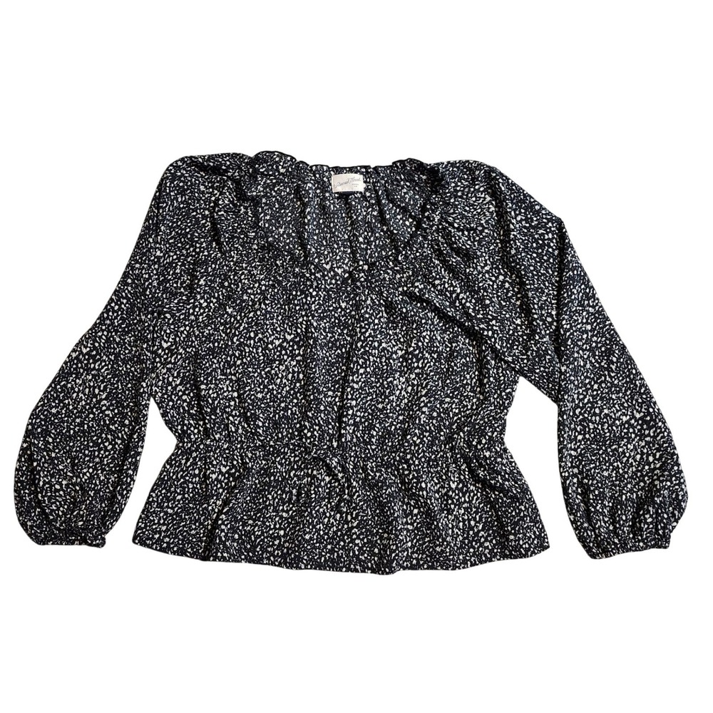 Universal Thread Black White Speckled Peplum Blouse XL Ruffle Neck Long Sleeve